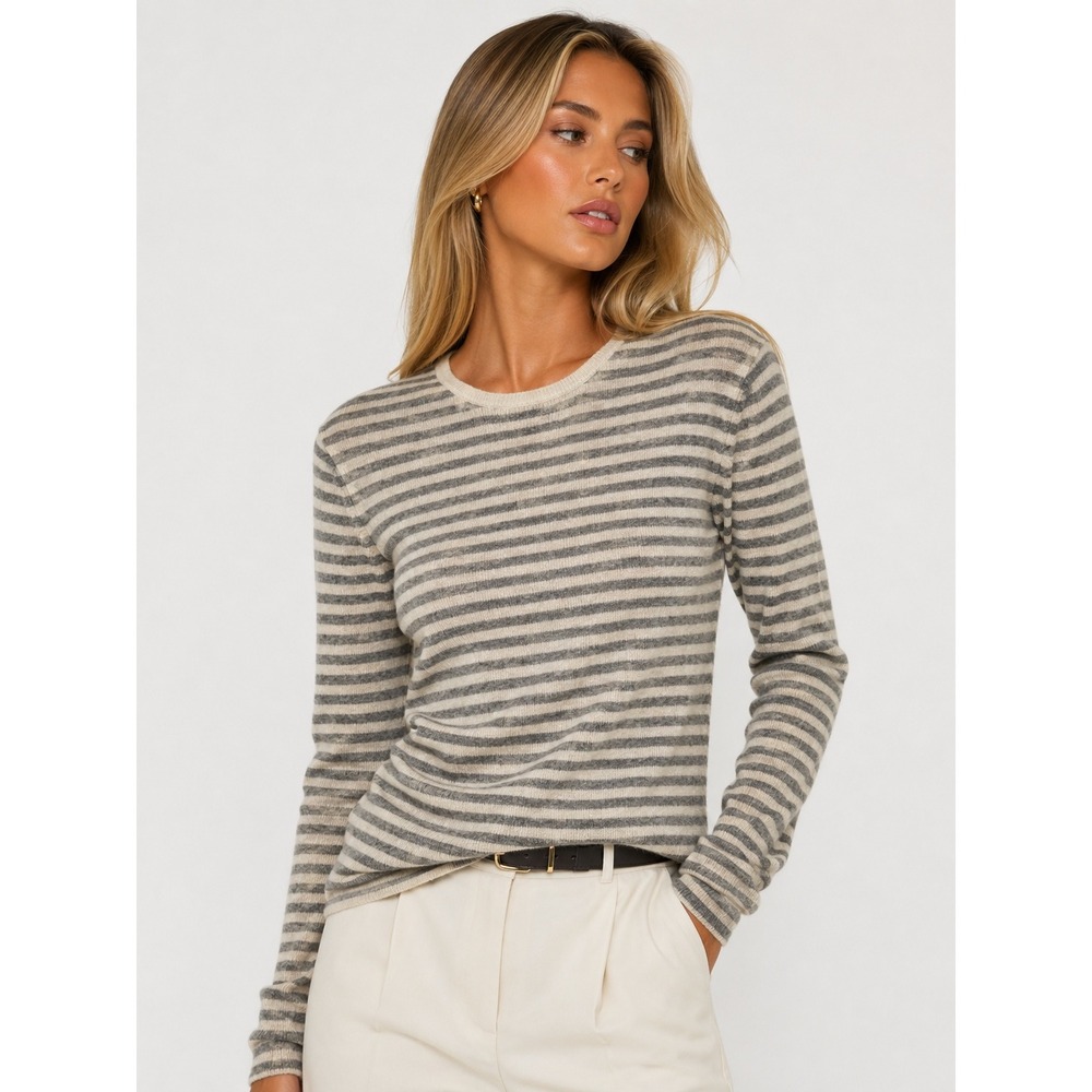 Vince 100% Cashmere Striped Crewneck Sweater Cream Grey Long Sleeve S